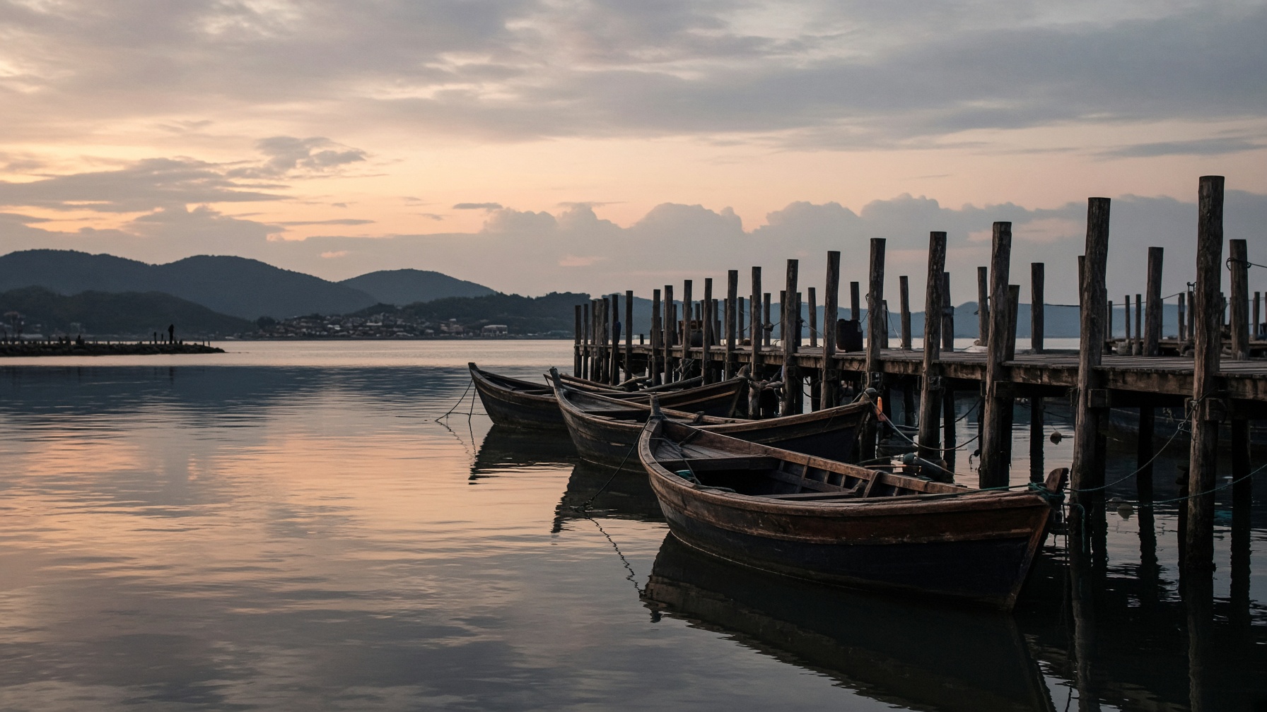 Fishing boats in a quiet harbor at dusk