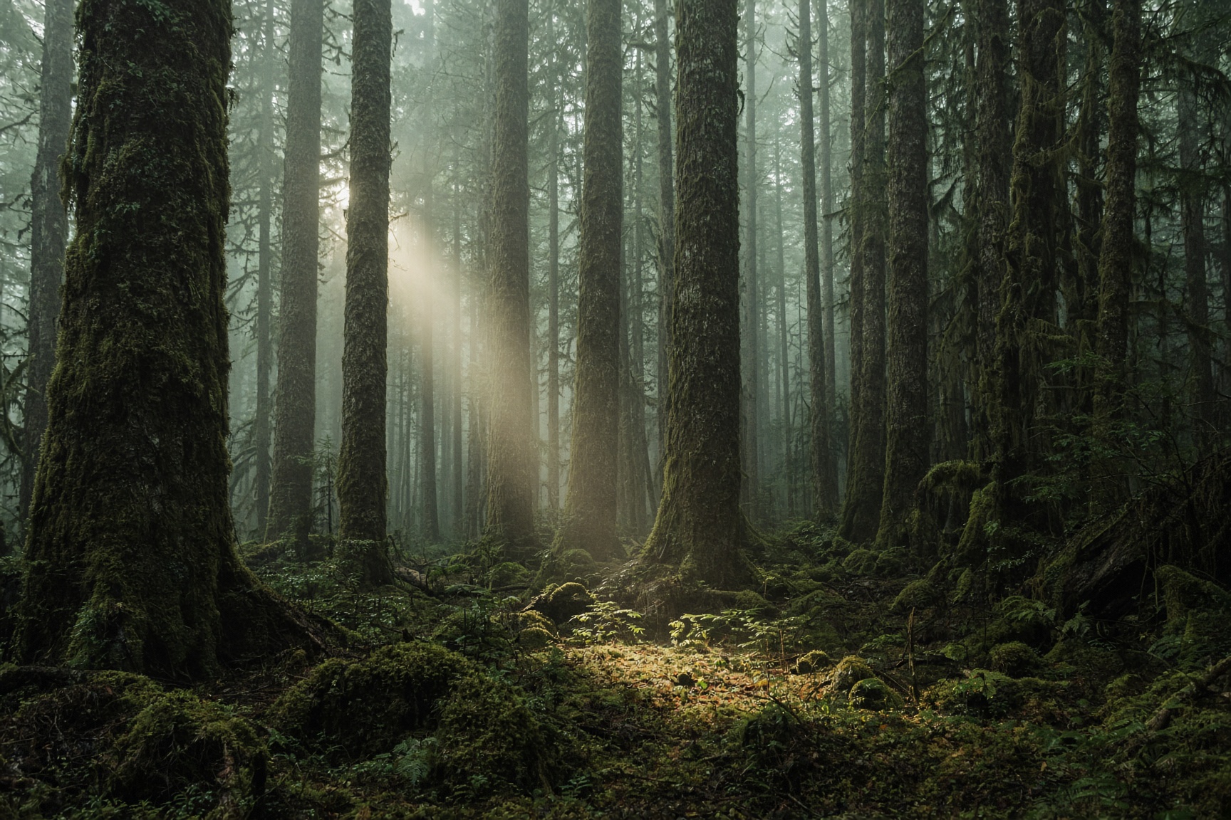 Tall trees in a quiet wood with light coming through the canopy