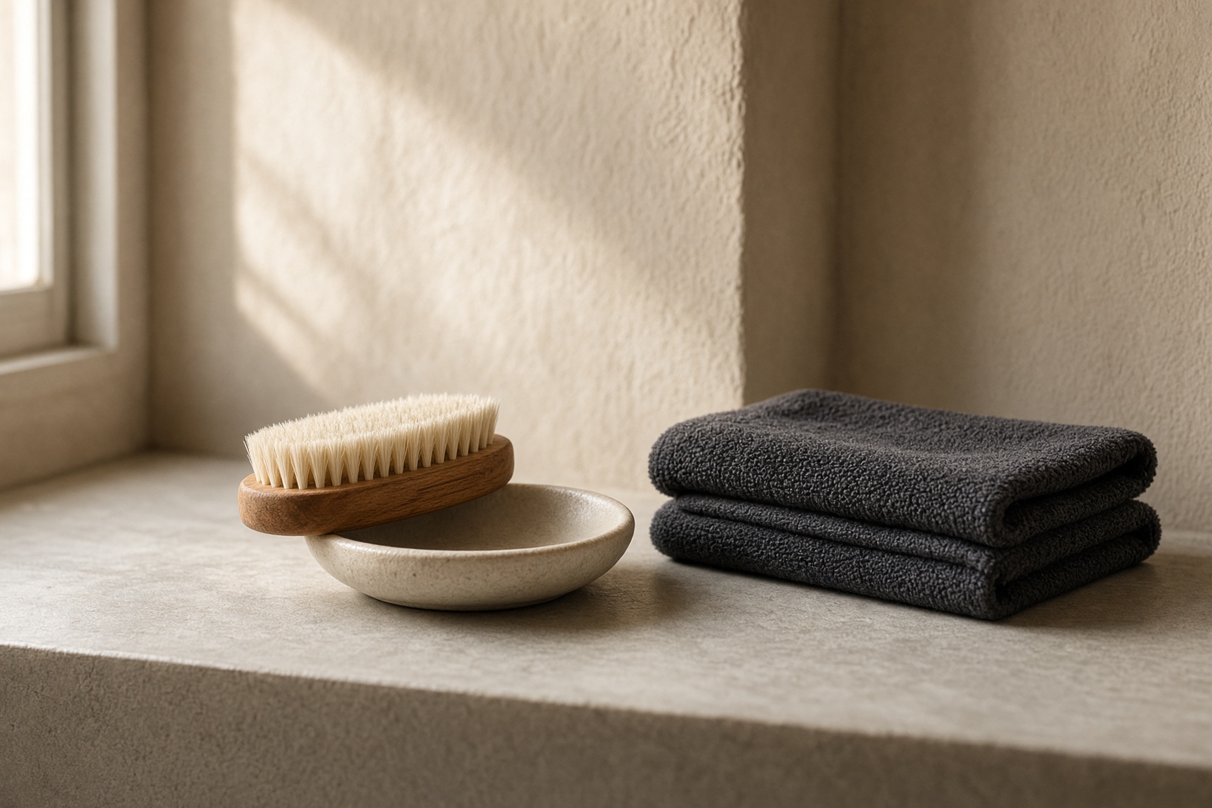A wooden beard brush, a ceramic dish, and a folded towel in morning light