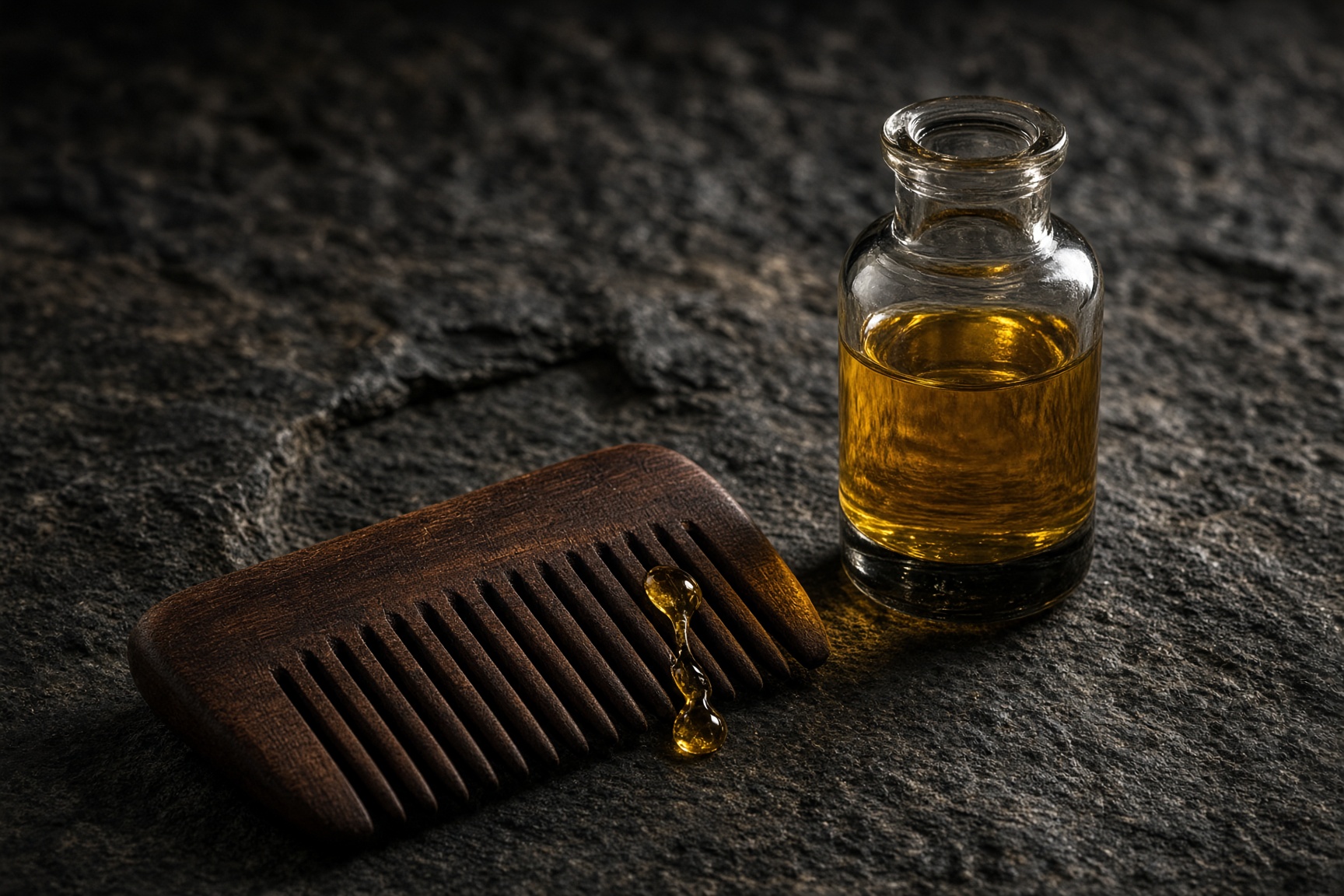 A wooden comb beside a small bottle of golden oil on dark stone